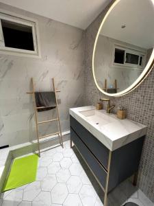 a bathroom with a sink and a mirror at Perle au centre ville avec vue mer et montagne in Saint-Denis