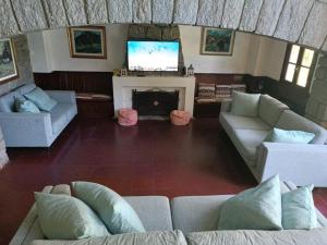 uma sala de estar com sofás, uma televisão e uma lareira em Munich em Punta del Este