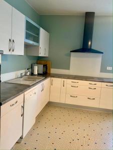 a kitchen with white cabinets and a counter top at Le Gîte de Lardois in Miers +8 photos