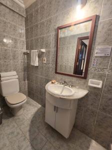 a bathroom with a sink and a toilet and a mirror at Hotel Carmen in Tarija