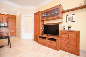 a living room with a flat screen tv and a wooden entertainment center at Victus Apartamenty, Apartament Daria Luiza in Sopot