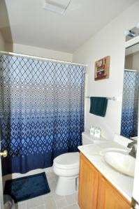 baño con aseo y cortina de ducha azul en Cacapon Connected - Workplace Retreat, en Morton Grove