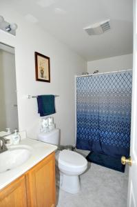 y baño con aseo, lavabo y ducha. en Cacapon Connected - Workplace Retreat, en Morton Grove