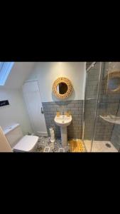 a bathroom with a toilet and a sink at Barn Cottage in Youlgreave +19 photos