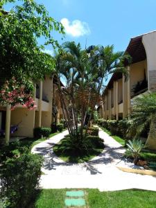 a walkway in front of a building with a palm tree at Solar pipa duplex lua cheia in Pipa