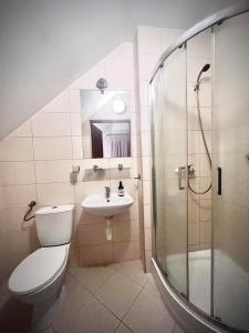 uma casa de banho com um WC, um lavatório e um chuveiro em Pensjonat Rondo em Września