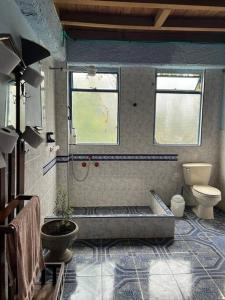 a bathroom with a tub and a toilet and windows at Villa cuatro pisos el tramonto in Guatavita