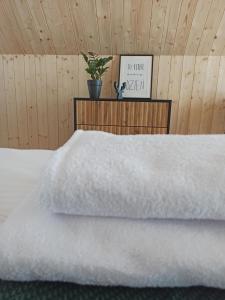Uma cama ou camas num quarto em Zielone Wzgórze komfortowy klimatyzowany domek z balią z aeromasażem