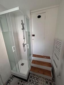 uma casa de banho com uma cabina de duche ao nível do chão e uma cabina de duche em vidro ao nível do chão. em Appartement - Carmes em Toulouse
