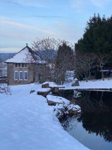 Un patio cubierto de nieve con una casa y un estanque. en Villa sans soucis, en Gérardmer