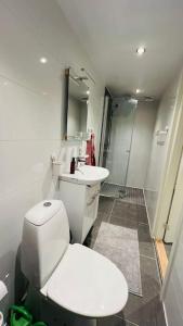 a bathroom with a toilet and a sink at Newly built amazing apartment in Järfälla +2 photos