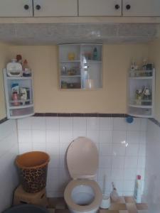 a small bathroom with a toilet and open cabinets at Grotte de pêcheurs RITAJ, Aglou in Tiznit