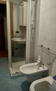 a bathroom with a shower and a toilet and a sink at Appartamento Daniela Dolomiti. in Auronzo di Cadore