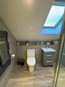 een badkamer met een toilet, een wastafel en een dakraam bij Beautiful two bed home in Marsh in Lindley