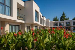 szereg budynków apartamentowych z czerwonymi kwiatami w obiekcie Medite Spa Resort and Villas w mieście Sandanski