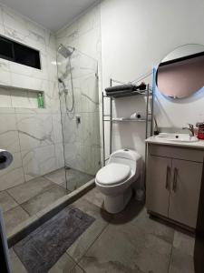uma casa de banho com um chuveiro, um WC e um lavatório. em Volcánico em La Fortuna
