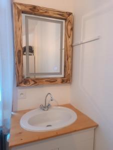 a bathroom with a sink and a mirror at Les étoiles de Bevy Gîtes in Lajoux