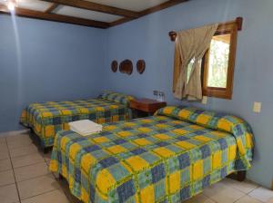 1 dormitorio con 2 camas y ventana en Hotel Cabañas Safari, en Palenque
