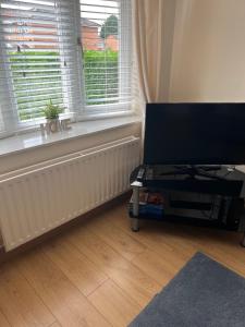 een woonkamer met een flatscreen-tv en een raam bij Cosy 3 bed detached house Birmingham in Birmingham