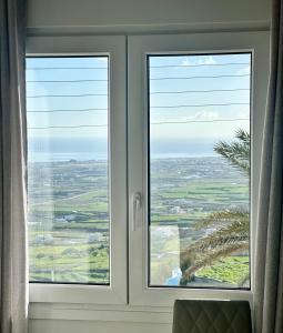 ein Fenster mit Blick auf eine Palme in der Unterkunft White Swallow Suite Santorini in Vourvoúlos