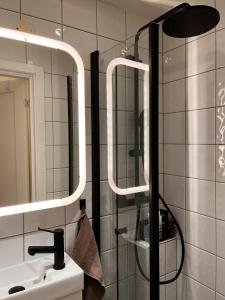 a bathroom with a shower and a sink and a mirror at Hygge houses I Studio apartment in Lillestrøm I Solo or Couple in Lillestrøm