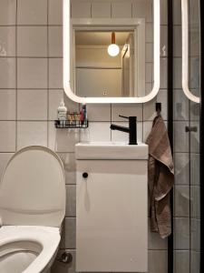 a bathroom with a toilet and a sink and a mirror at Hygge houses I Studio apartment in Lillestrøm I Solo or Couple in Lillestrøm