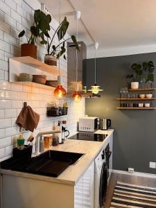 een keuken met een wastafel en een fornuis top oven bij Hygge houses I Studio apartment in Lillestrøm I Solo or Couple in Lillestrøm