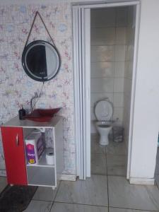 a bathroom with a toilet and a mirror on the wall at Chácara Incra 9 in Campo Limpo