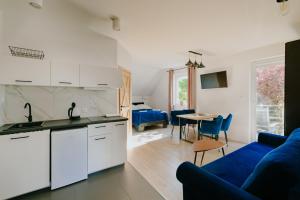a kitchen and a living room with a blue couch at Apart House Karwia & Wellness in Karwia