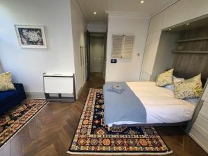 a bedroom with a bed and a couch and rug at New Boutique Ground Floor Apartment in London