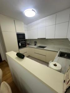 cocina blanca con lavabo y aseo en Downtown Apartment, en Strumica