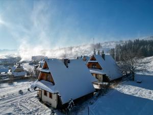 uma vista aérea de uma aldeia coberta de neve em Domki w Białce pod Kotelnicą em Białka Tatrzanska