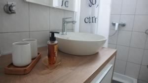 eine Badezimmertheke mit einem weißen Spülbecken und zwei Tassen in der Unterkunft Kuća za odmor Sedra in Hrvatska Kostajnica