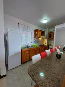Il comprend une cuisine équipée d'un réfrigérateur blanc et d'un comptoir. dans l'établissement Barbara Home, à Madalena do Mar