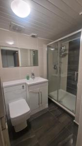 a bathroom with a shower and a toilet and a sink at Comfort Sleep - Rooms with shared facilities in Windsor