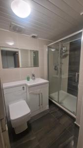 a bathroom with a shower and a toilet and a sink at Comfort Sleep in Windsor