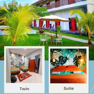 a collage of pictures of a hotel with a bed and a palm tree at Tantra Hotel in Krui