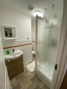 a bathroom with a shower and a sink at Huge 6 Bed house & 6 Bathrooms. in Boston