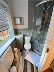 a small bathroom with a toilet and a shower at Huge 6 Bed house & 6 Bathrooms. in Boston