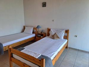 a bedroom with two beds and a night stand at FILOXENIA Apartment 9 in Kómpoi
