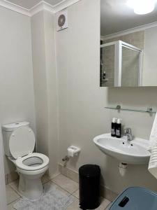 Baño blanco con aseo y lavamanos en Cozy Rondebosch Apartment, en Ciudad del Cabo