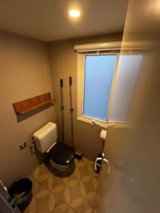 a bathroom with a toilet and a window at Chalet Jupp in Lauwersoog