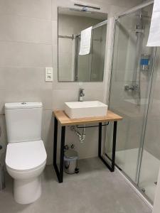 een badkamer met een toilet, een wastafel en een douche bij Hostal Mindanao in Salamanca