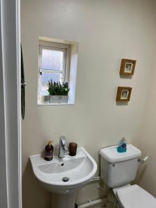 Baño blanco con aseo y lavamanos en Gracehill Suite, en Londres