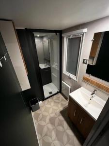 a large bathroom with a sink and a shower at Chalet Jupp in Lauwersoog