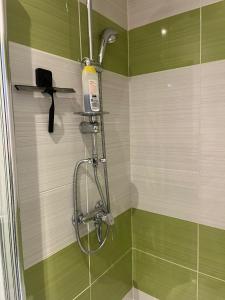 a shower in a bathroom with green and white at Gaby, cosy & cocooning, idéal pour 2pers in Villeurbanne