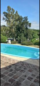 une piscine bleue avec un arbre en arrière-plan dans l'établissement El Inti, à San Fernando del Valle de Catamarca