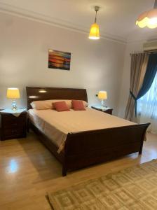 een slaapkamer met een groot bed met 2 lampen bij Luxury Apartment Nasr City in Caïro