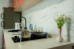 a kitchen counter with a pot and a vase of flowers at Loft apartment in Druskininkai