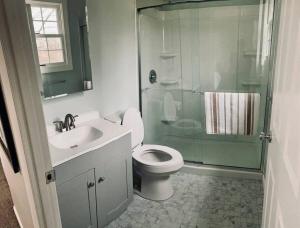 uma casa de banho com um chuveiro, um WC e um lavatório. em 5 Bedrooms on a flat acre. Great water pressure! em Downingtown